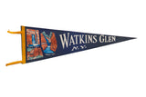 Blue felt vintage Watkins Glen NY pennant flag with yellow trim and illustrated local scenery.