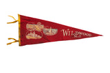 Vintage Wildwood NJ red felt pennant with yellow trim, featuring 1950s resort graphics.