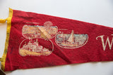 Vintage red felt Wildwood NJ pennant featuring Playland, pier, and sailing party graphics.