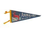 Blue vintage Animaland Wellsboro PA felt pennant, red deer jumping over tree, yellow trim.