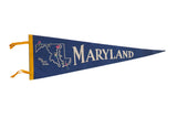 Deep blue vintage Maryland felt flag pennant with yellow trim, state map graphic.