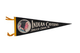 Vintage black felt Indian Caverns pennant with Native American graphic, yellow trim, 9x26.