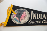 Native American profile graphic, featuring a pink feather, on black felt with yellow ties.