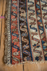 Parallel vine and water motifs in madder red and blue on a worn antique Anatolian fragment.