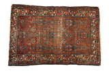 Hand-knotted vintage Persian Mehreban rug, allover madder red and powder blue blossom motifs. 2'8
