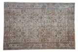Distressed vintage Oushak carpet with allover palmettes and vinery, beige, sky blue, brown.