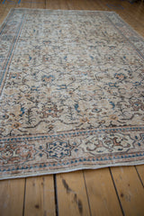 Distressed Oushak carpet border with snowflake, Samovar elements, and geometric vinery in beige, blue.