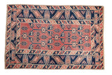 Distressed vintage Melas rug, pale cherry red and dark navy geometric design, 4'3
