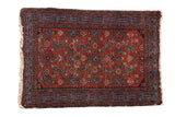 Vintage Fine Malayer rug, cherry red Herati design, sapphire blue Serbend border, visible wear, tattered ends, 2'6