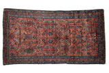 Vintage Fine Hamadan rug with a central floral medallion, cochineal red field, and sapphire blue patterns.