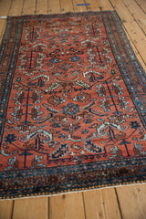 Hamadan wool rug with dynamic dusty red field, expressive blue and copper serrated leaves.