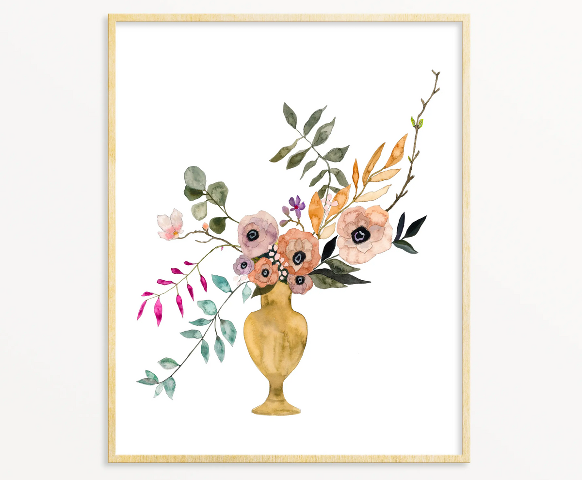 Snoogs & Wilde Art watercolor print with peach and green floral arrangement in golden vase.