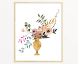 Snoogs & Wilde Art watercolor print with peach and green floral arrangement in golden vase.