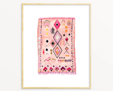 Framed Snoogs & Wilde Art Rug print, pink watercolor with geometric diamond motifs.