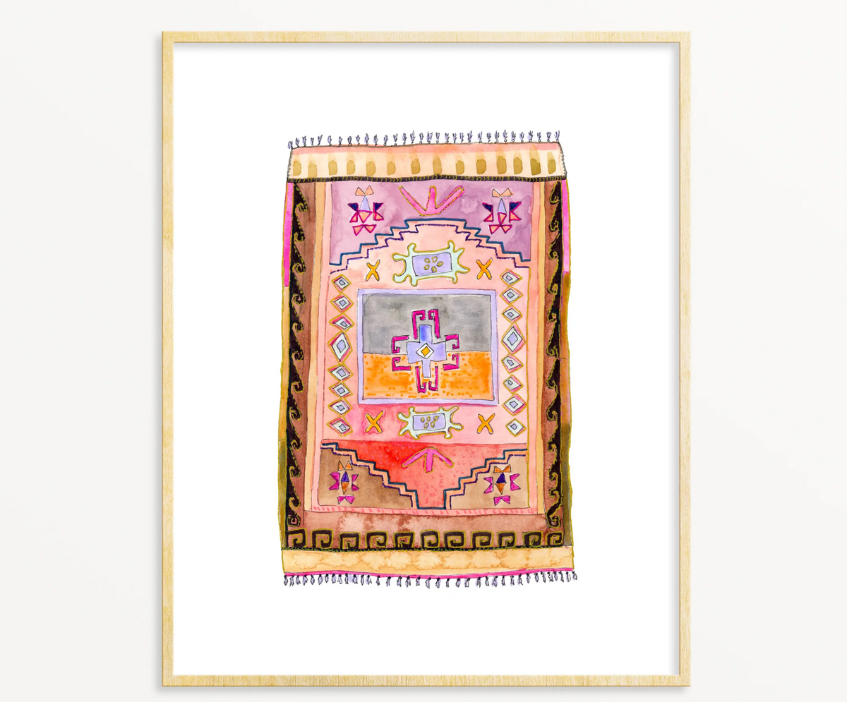 Snoogs & Wilde art print of a watercolor rug with vibrant pink, orange, and purple geometric patterns.