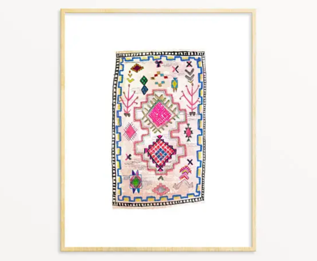 A Snoogs & Wilde watercolor art print of a geometric rug with vibrant pink, blue, and yellow motifs.