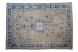Distressed vintage Oushak carpet, cobalt blue medallion and palmettes on pale gold, 7'9