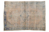 Distressed Oushak carpet, faded beige with cobalt blue medallion and green spandrels. 7'2