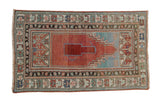 Vintage Distressed Anatolian prayer rug, black cherry red mehrab, aqua blue panels, 2'11