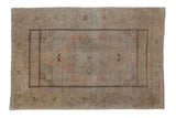 Distressed vintage Oushak rug, center medallion, spandrels, muted apricot, ivory, beige. 4'2