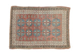Vintage Distressed Oushak rug, faded ruby red and blue geometric guls, 3'2