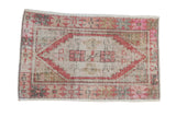 Vintage Distressed Oushak rug, faded brick red geometric medallion, ivory field, 2'7