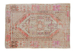 Decorative distressed Oushak rug, hexagonal medallion, rust, magenta, muted tones, 2'8