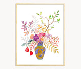 Snoogs & Wilde Art Arrangement #6 watercolor print: blue vase with golden snake and colorful florals. 12x12 inches.