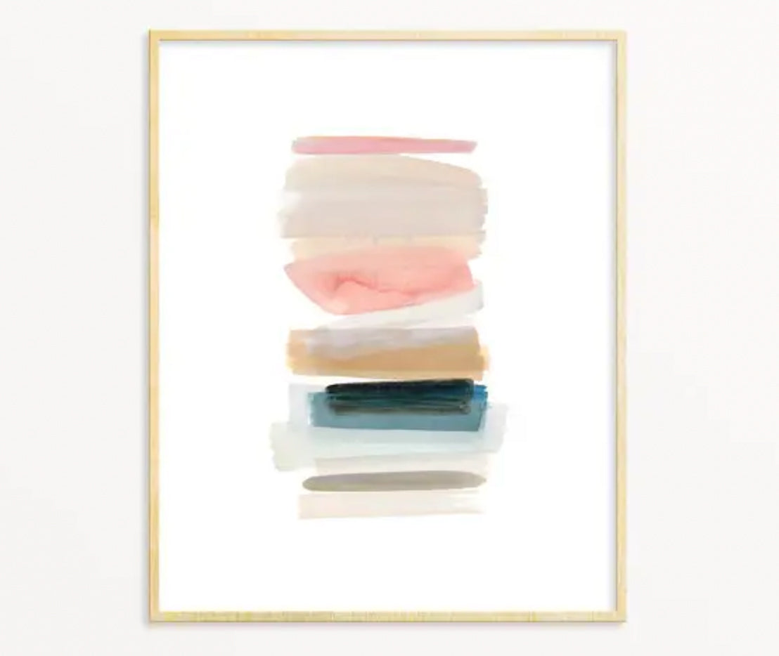 Snoogs & Wilde Art August abstract watercolor print with stacked warm and cool strokes.