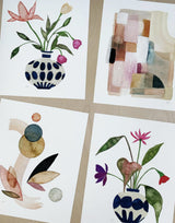 Four contemporary watercolor prints, highlighting the blue polka dot vase floral art.