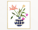 Snoogs & Wilde Art 8x10 watercolor print: blue spotted vase, coral, pink, yellow flowers.