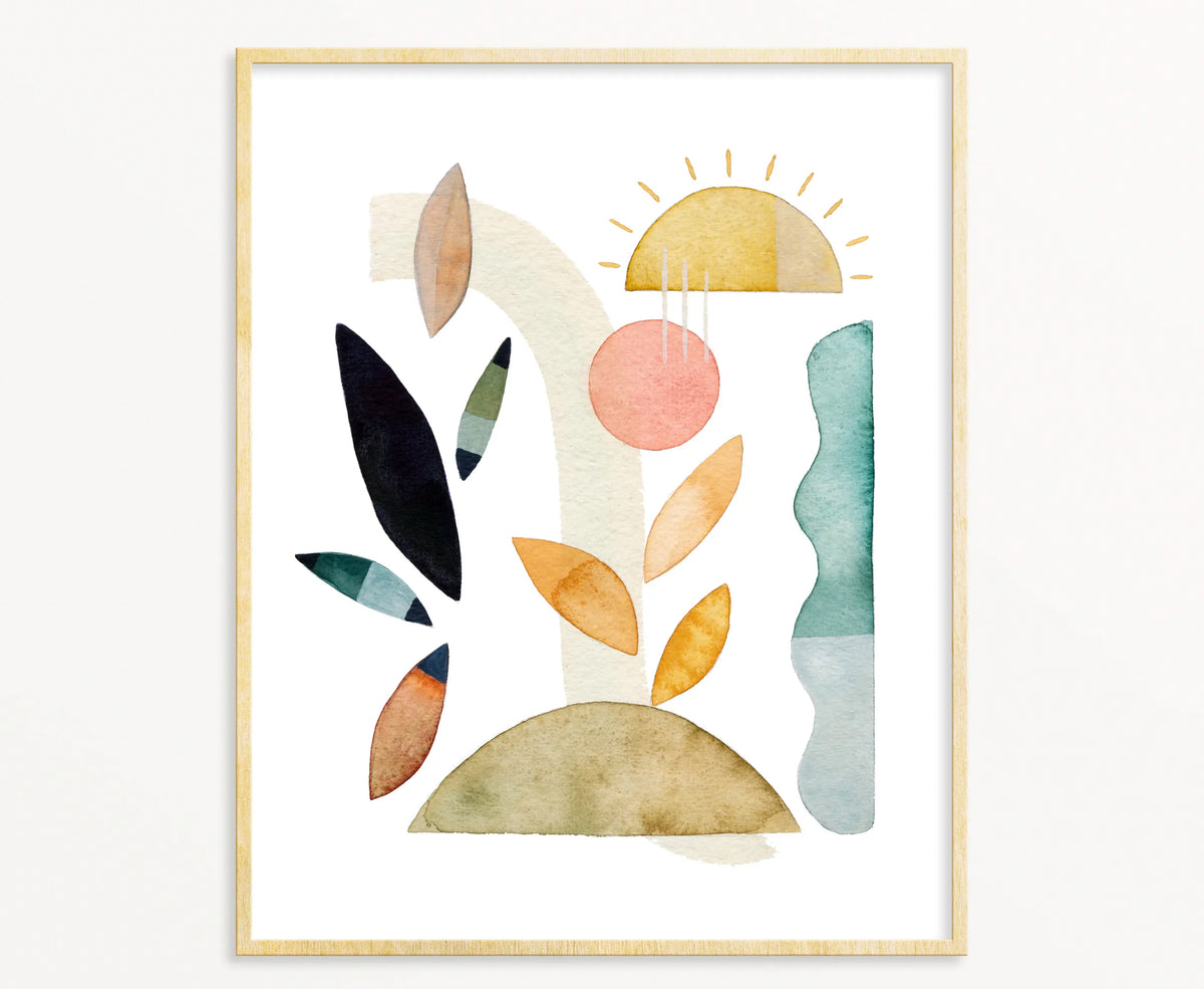 Framed abstract watercolor Earth & Sky art print with yellow sun, peach, green, blue shapes.