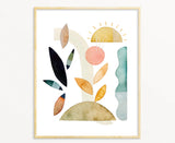 Framed abstract watercolor Earth & Sky art print with yellow sun, peach, green, blue shapes.