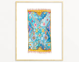 Snoogs & Wilde 12x12 framed watercolor print, vibrant blue, pink, and yellow geometric rug.