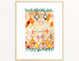 Framed Snoogs & Wilde watercolor art print with abstract colorful diamond rug pattern.