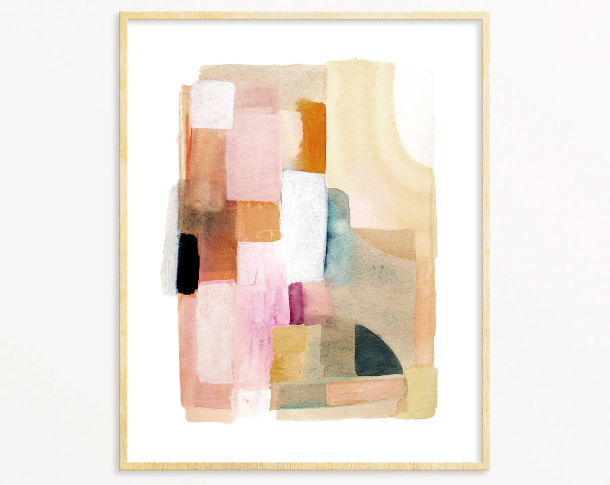 Snoogs & Wilde 8x10 abstract watercolor print with muted, earthy block shapes in a wood frame.