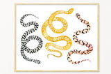 Snoogs & Wilde Art abstract print featuring black, yellow, and peach watercolor snakes, 8x10.