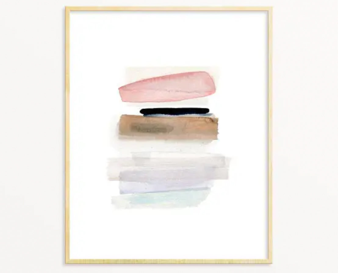 Abstract watercolor print, 8x10, featuring soft pink, brown, and cool gray brushstrokes, framed.