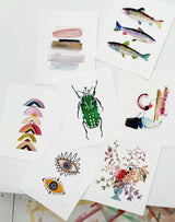Collection of Snoogs & Wilde Art watercolor prints, with abstract designs, fish, and floral motifs.