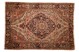 Vintage Farahan Sarouk rug, navy starburst medallion, cochineal red, beige floral designs, 3'5