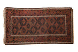 Vintage Belouch rug, geometric diamond guls in navy, madder red, and chocolate brown, 3' x 5'5