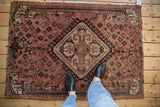 Vintage Kamseh rug corner, dusty red field, geometric border, perched lion motif.