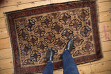 Vintage Belouch rug with repeating gul motifs and a pawn design border shown for scale.