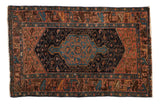 Vintage Hamadan rug, navy blue stepped medallion, dusty plum field, 3'2
