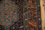 Even wear on vintage Hamadan rug's blue, plum, and apricot geometric lattice.