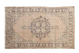 Vintage Distressed Turkish Sparta rug, muted beige and dusty blue scalloped medallion, 3'10