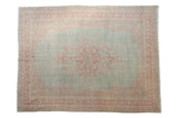 Distressed powder blue Oushak carpet with pink medallion, classic corner spandrels, 7'6