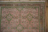 Distressed vintage Hamadan runner detail: dusty rose pile, green floral Herati-style motifs, and brown floral main border.