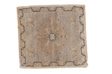 Distressed Oushak square rug mat with faded stepped medallion and brown wavy border.