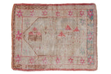 Distressed Oushak square rug, pictorial villas and starburst border, pale raspberry and cream tones. 3x4.
